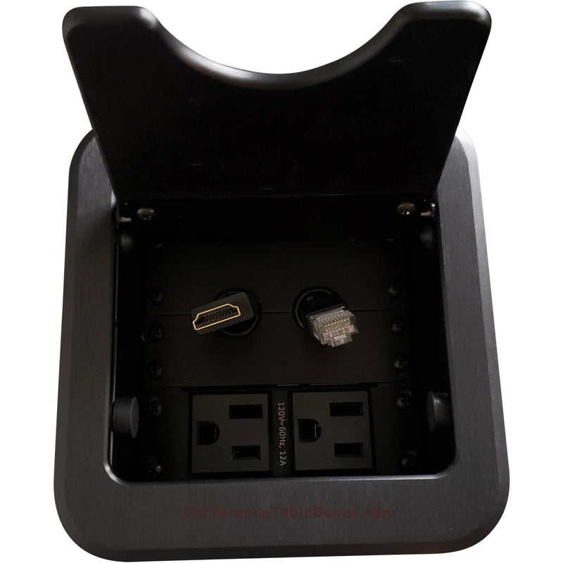 Cable Well Box with HDMI & Cat6 Retractable Cables, 2 Power - Black –  Conference Table Boxes