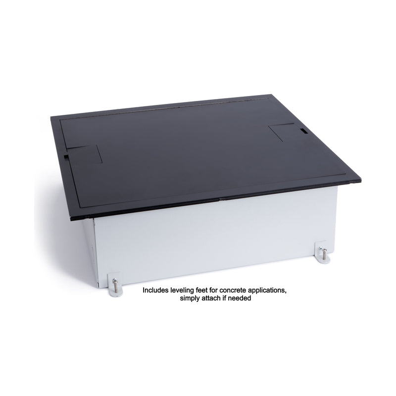 Recessed Commercial Floor Box, 12 Decora Openings, Hinged Lid, Black