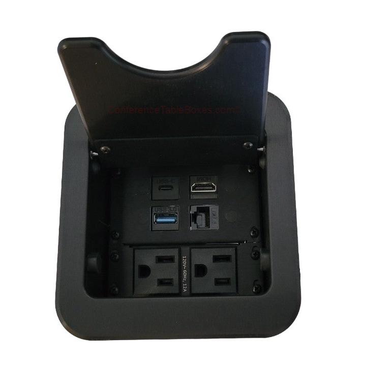 Mini Cable Well Table Box, 2 Power, 1 HDMI, 1 Cat6, 1 USB-A, 1 USB-C, Black