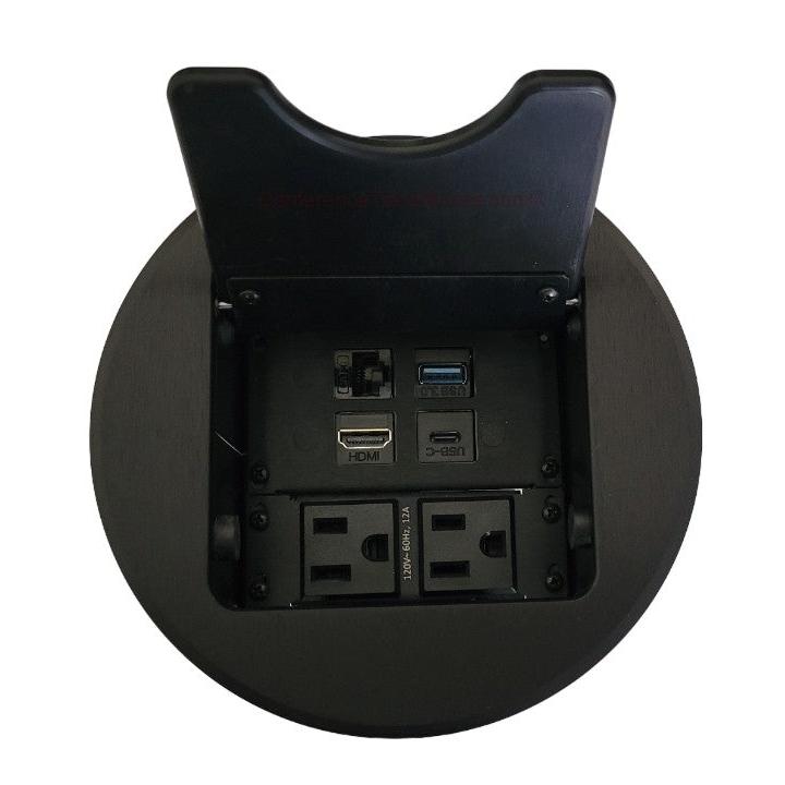 Cable Nook Jr Round Table Box, 2 Power, 1 HDMI, 1 Cat6, 1 USB-A, 1 USB-C, Black