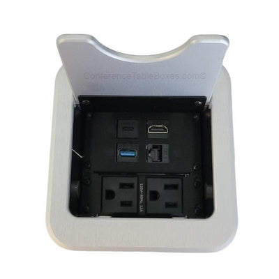 Cable Nook Jr Table Box, 2 Power, 1 HDMI, 1 Cat6, 1 USB-A, 1 USB-C, Silver