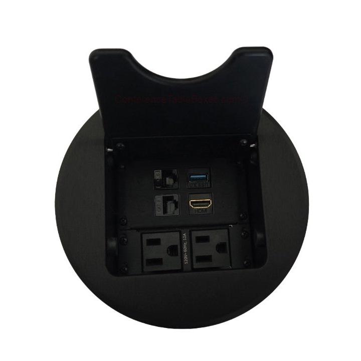 Cable Nook Jr Round Table Box, 2 Power, 1 HDMI, 2 Cat6, 1 USB-A, Black