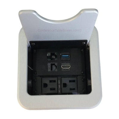 Cable Nook Jr Table Well Box, 2 Power, 1 HDMI, 2 Cat6, 1 USB-A, Silver