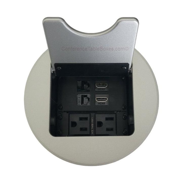 Altinex Cable Nook Jr Round Table Box, 2 Power, 2 HDMI, 2 Cat6, Silver