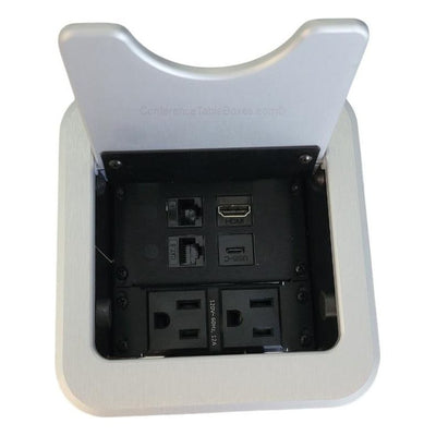 Cable Nook Jr Table Well Box, 2 Power, 1 HDMI, 2 Cat6, 1 USB-C, Silver