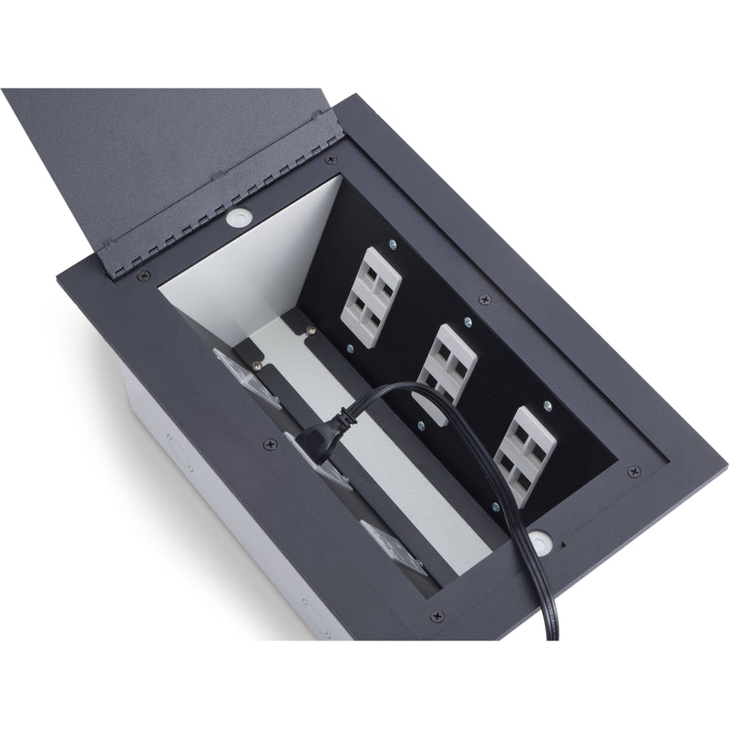 Recessed Commercial Floor Box, 6 Decora Openings, Hinged Lid, Black