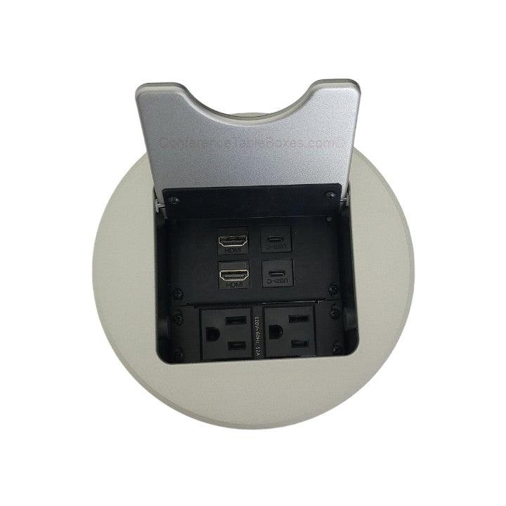 Cable Nook Jr Round Table Box, 2 Power, 2 HDMI, 2 USB-C, Silver