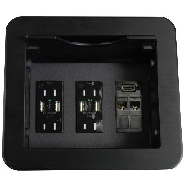 Cable Nook w/ Sliding Lid, 4 AC & 4 Charging USB-AA, 1 HDMI, 2 Cat6, Black