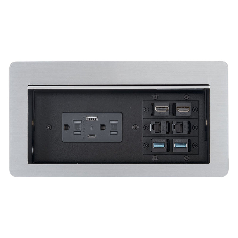 Cable Well Table Box, 2 Power, 2 Charging USB, 2 HDMI, 2 Data, 2 USB, Silver