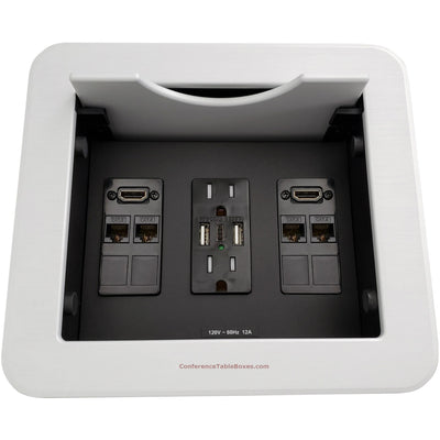 Cable Nook w/ Sliding Lid, 2 Power, 3 Charging USB, 2 HDMI, 4 Cat6, Silver