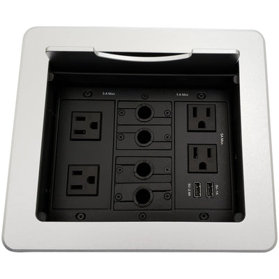 Kramer TBUS-1N-S4 Table Box with 4 Power, 2 Charging USB, 4 Cable Holes, Silver