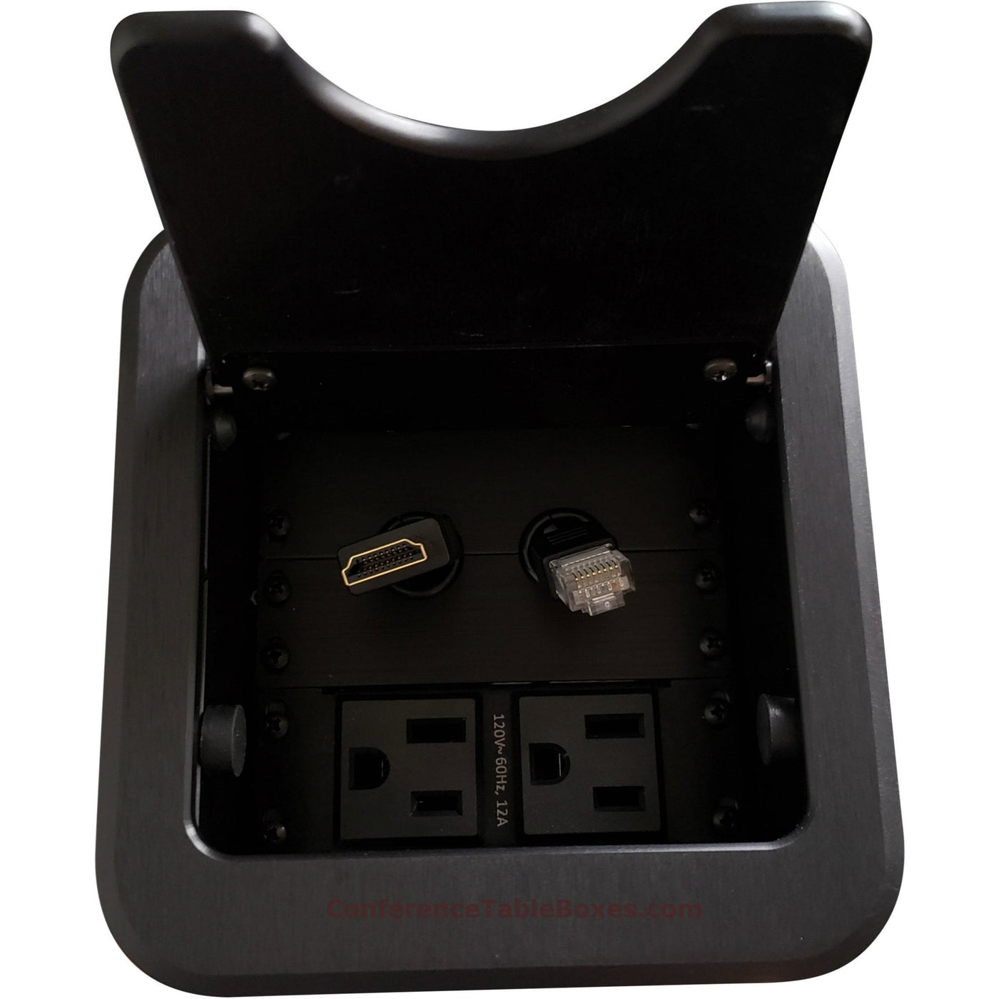 Cable Well Box with HDMI & Cat6 Retractable Cables, 2 Power