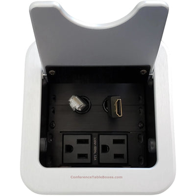 Cable Well Box with HDMI & Cat6 Retractable Cables, 2 Power - Silver