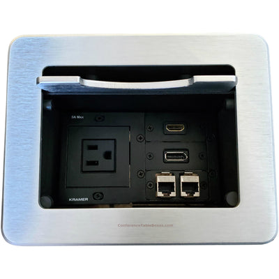 Cable Well Table Box, 1 Power, 1 HDMI, 1 DisplayPort, 2 Cat6, Silver