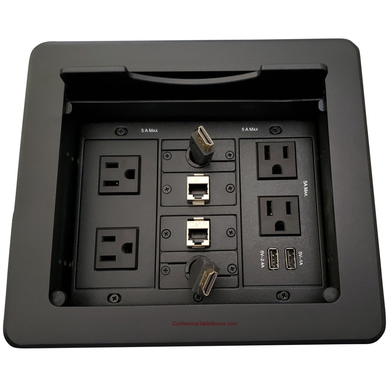 Cable Well Box with HDMI & Cat6 Retractable Cables, 2 Power - Black –  Conference Table Boxes